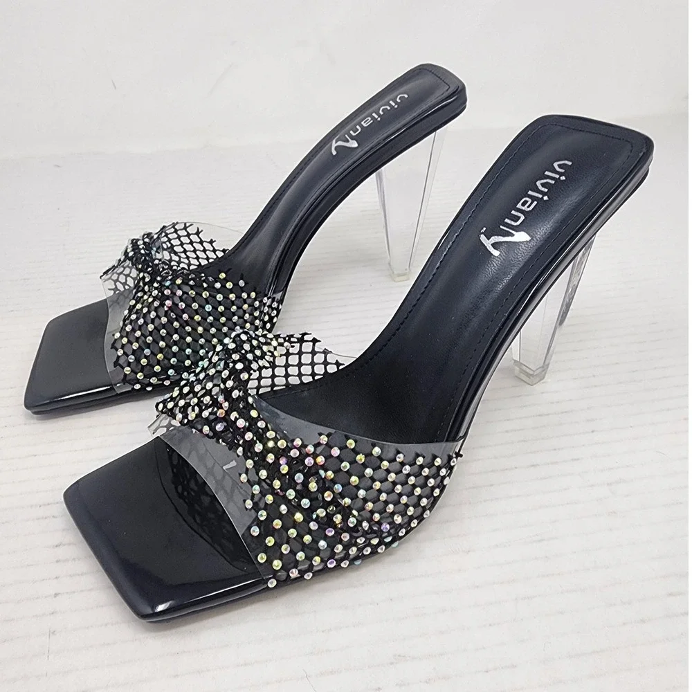 Vivianly Black Rhinestone Fishnet Clear Wedge Heel Mules Sandals Womens 9 NEW - Picture 5 of 8